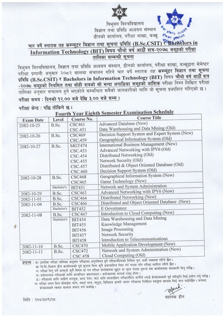 The Institute of Science and Technology, Tribhuvan University, has officially released the examination schedule for  B.Sc. CSIT, VII Semester.