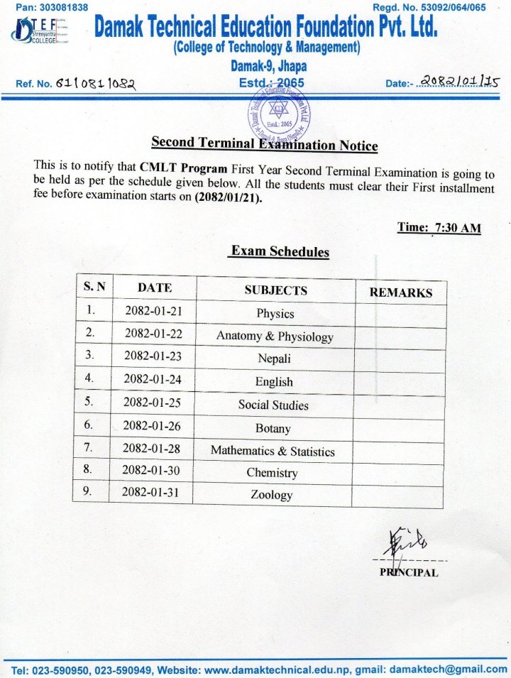 Regarding CMLT Second Terminal Exam Routine